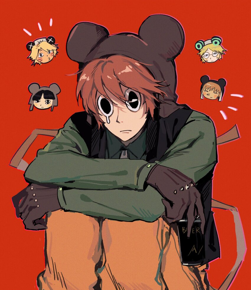 5boys 97ttwwaazz beer_can black_eyes brown_gloves brown_hair can commentary drink_can english_commentary gloves green_jacket highres holding holding_can jacket kinder_surprised_michael_jr. male_focus mouse_hat multiple_boys present_day_problem_takeuchi_robert randal&#039;s_friends ratman_3_(randal&#039;s_friends) ratman_4_(randal&#039;s_friends) ratman_5_(randal&#039;s_friends) red_background short_hair simple_background sitting teardrop vest
