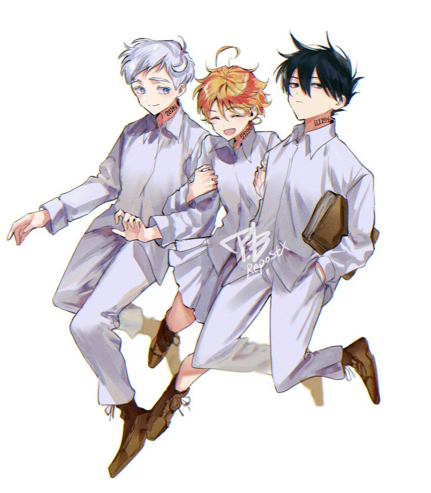 1girl 2boys black_hair blue_eyes book brown_footwear closed_eyes collared_shirt crossed_arms emma_(yakusoku_no_neverland) full_body grey_eyes hands_in_pockets highres holding holding_book m_m_pb multiple_boys neck_tattoo norman_(yakusoku_no_neverland) number_tattoo open_mouth orange_hair pants ray_(yakusoku_no_neverland) shirt shoelaces simple_background skirt tattoo white_background white_hair white_pants white_shirt white_skirt yakusoku_no_neverland