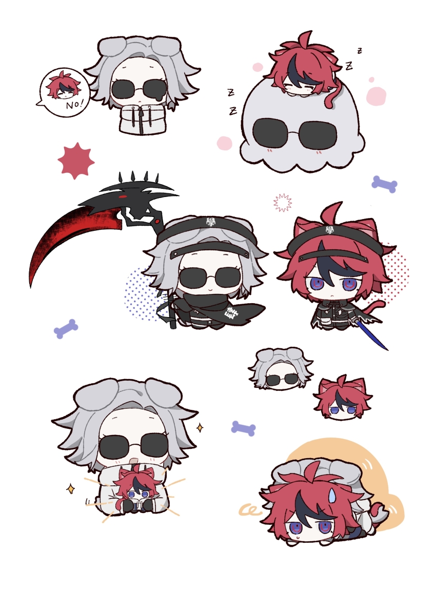 2boys :&lt; :d absurdres ahoge animal_ears animalization aotsuki_eito black_cape black_cloak black_gloves black_jacket black_streaks blue_eyes blue_jacket boy_on_top cape cat_boy cat_ears cat_tail chibi chibi_only cloak dog_boy dog_ears dog_tail dripping_eye gakuran gloves grey_hair grey_jacket head_only headgear highres holding holding_chibi holding_scythe holding_sword holding_weapon hood hoodie image_in_speech_bubble jacket jacket_over_hoodie kemonomimi_mode last_defense_academy_school_uniform male_focus multicolored_hair multicolored_jacket multiple_boys multiple_views octopus on_animal open_mouth qiming_zhende_hao_nan red_hair school_uniform scythe short_hair sleeping smile streaked_hair sumino_takumi sunglasses sweatdrop sword tail the_hundred_line_-last_defense_academy- triangle_mouth two-tone_jacket weapon white_background white_hoodie white_jacket zzz