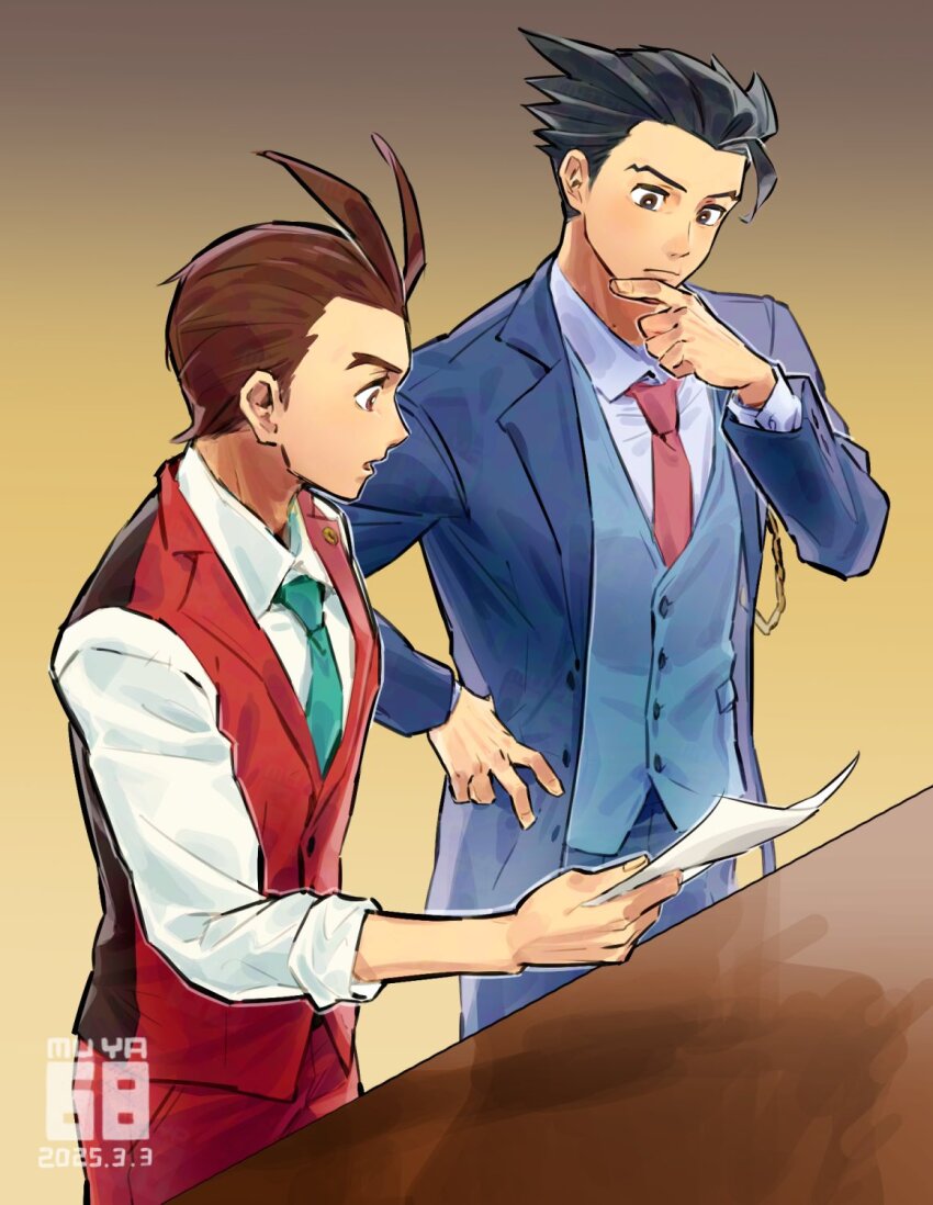 2boys ace_attorney antenna_hair apollo_justice aqua_necktie black_hair blue_jacket blue_suit brown_hair collared_shirt formal_clothes hair_slicked_back hand_on_own_chin hand_on_own_hip highres holding holding_paper jacket lapel_pin lapels long_sleeves multiple_boys necktie paper phoenix_wright red_vest shirt short_hair skyloop19 sleeves_rolled_up spiked_hair suit thinking vest white_shirt