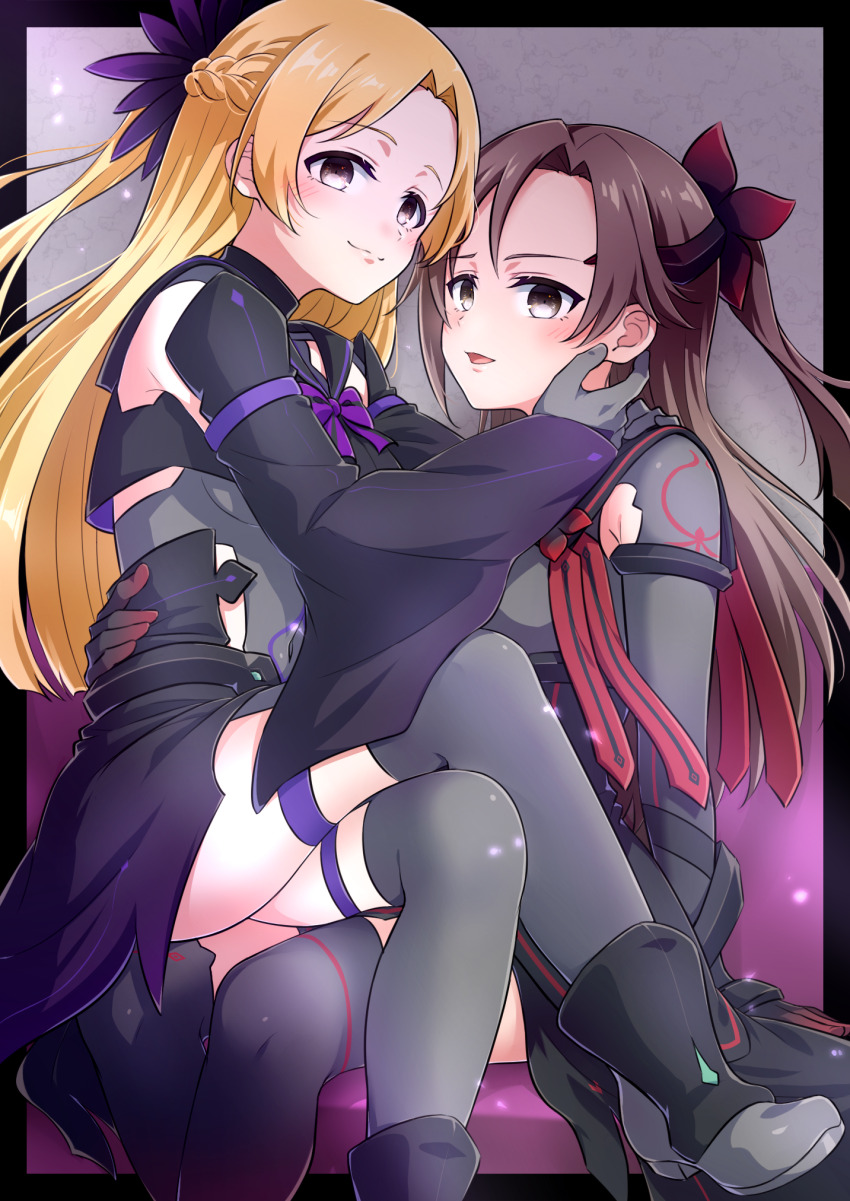 2girls :3 alternate_costume alternate_hair_length alternate_hairstyle armpit_cutout black_border black_skirt blonde_hair border bow bowtie braid brown_eyes closed_mouth clothing_cutout eda_udon gloves gradient_sky gradient_sleeves grey_background grey_gloves grey_thighhighs half_up_braid highres long_sleeves miniskirt miyoshi_karin multiple_girls nogi_sonoko outside_border purple_bow purple_bowtie purple_skirt sitting sitting_on_lap sitting_on_person skirt sky thigh_strap thighhighs wide_sleeves yuuki_yuuna_wa_yuusha_de_aru yuusha_de_aru zettai_ryouiki