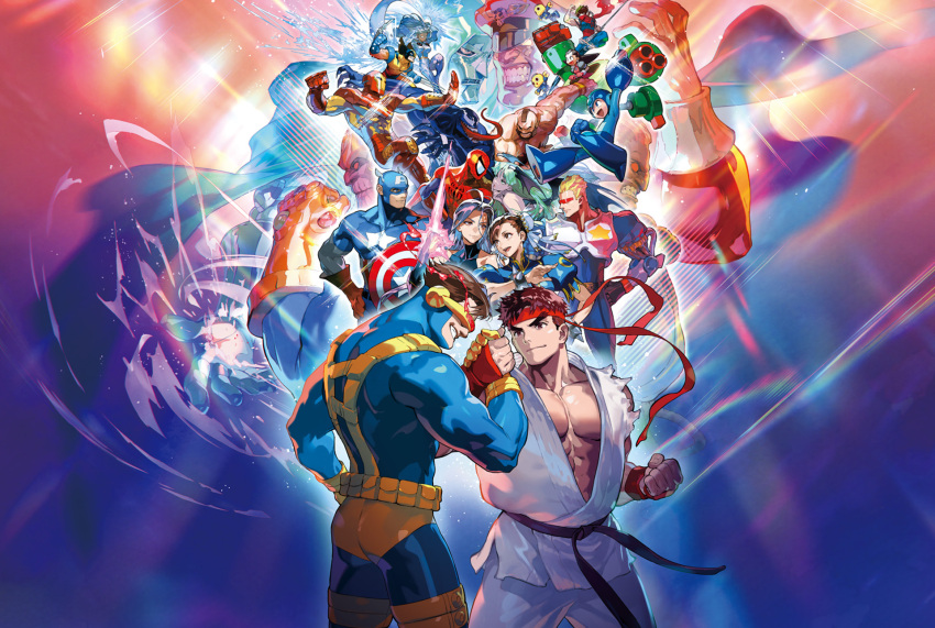 5girls 6+boys ahoge arm_cannon arm_up armor artist_request bare_shoulders black_sash blonde_hair blue_bodysuit blue_dress blue_helmet blue_jacket bodysuit brown_hair capcom captain_america captain_america_(series) captain_commando captain_commando_(character) china_dress chinese_clothes chun-li clash claw_(weapon) claws colored_skin cyclops_(x-men) dark-skinned_female dark_skin darkstalkers demon_girl demon_wings doctor_doom double_bun dougi dress green_hair grey_hair hair_bun hat head_wings headband helmet highres holding holding_shield holding_sword holding_weapon infinity_gauntlet iron_man iron_man_(series) jacket long_hair looking_at_another m._bison marvel marvel_super_heroes marvel_super_heroes_vs._street_fighter marvel_vs._capcom marvel_vs._capcom_2 mask mecha mega_man_(character) mega_man_(classic) mega_man_(series) mega_man_legends_(series) morrigan_aensland mouth_mask multiple_boys multiple_girls multiple_wings muscular muscular_male ninja official_art pants pink_dress power_armor psylocke purple_hair purple_skin red_bodysuit red_eyes red_hat red_headband red_scarf robot ryu_(street_fighter) sash scarf shield short_hair spider-man spider-man_(series) star_(symbol) storm_(x-men) street_fighter strider_(video_game) strider_hiryuu sword thanos topless_male tron_bonne_(mega_man) tunic venom_(marvel) weapon white_armor white_bodysuit white_pants white_tunic wings wolverine_(x-men) x-men x-men:_children_of_the_atom x-men_vs._street_fighter x-men_vs_street_fighter yellow_bodysuit zangief