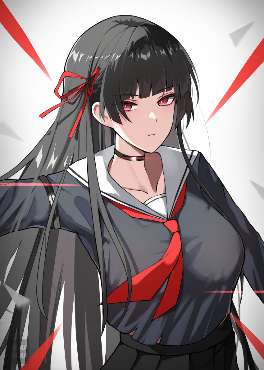 1girl black_choker black_hair black_shirt black_skirt breasts bright_pupils chisa_(wuthering_waves) choker closed_mouth collarbone commentary english_commentary hair_ribbon highres large_breasts long_hair looking_at_viewer neckerchief petchi1999 red_eyes red_neckerchief red_ribbon ribbon sailor_collar shirt skirt solo very_long_hair white_pupils white_sailor_collar wuthering_waves
