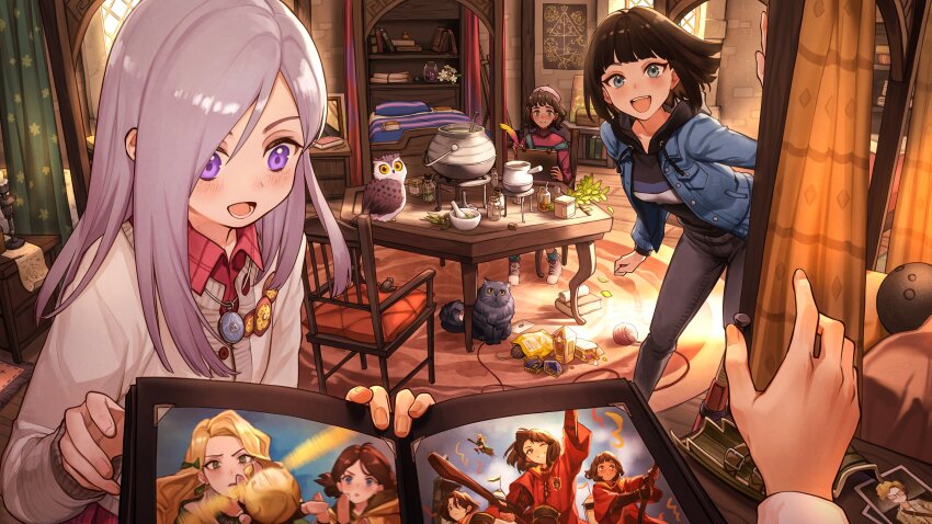 3girls :d absurdres animal ball bed_sheet bedroom beret bird black_hair black_hoodie blue_eyes blue_jacket blue_socks blush book bookshelf bottle box breasts brown_hair cardigan carpet cassandra_vole cat cauldron chest_of_drawers clipboard closed_mouth cube curtains day doormat drawstring floating_hair frog golden_snitch grey_hair grey_pants gryffindor hands_up harry_potter:_magic_awakened harry_potter_(series) hat herb highres hogwarts_school_uniform holding holding_quill hood hood_down hoodie indoors ivy_warrington jacket jar jewelry kevin_farrell leaf leaning_forward long_hair long_sleeves looking_down lottie_turner medicine medium_breasts mortar_(bowl) mouse_(animal) multiple_girls nose_blush on_bed open_mouth out_of_frame overalls owl pants parted_bangs pendant pestle photo_(object) photo_album pink_headwear pov pov_hands purple_eyes quidditch quill red_shirt robyn_thistlethwaite school_uniform shirt short_hair sitting siya_ho slytherin smile snack socks sportswear standing stove strap_slip sunlight table white_cardigan wizarding_world wooden_floor wooden_table yarn yarn_ball