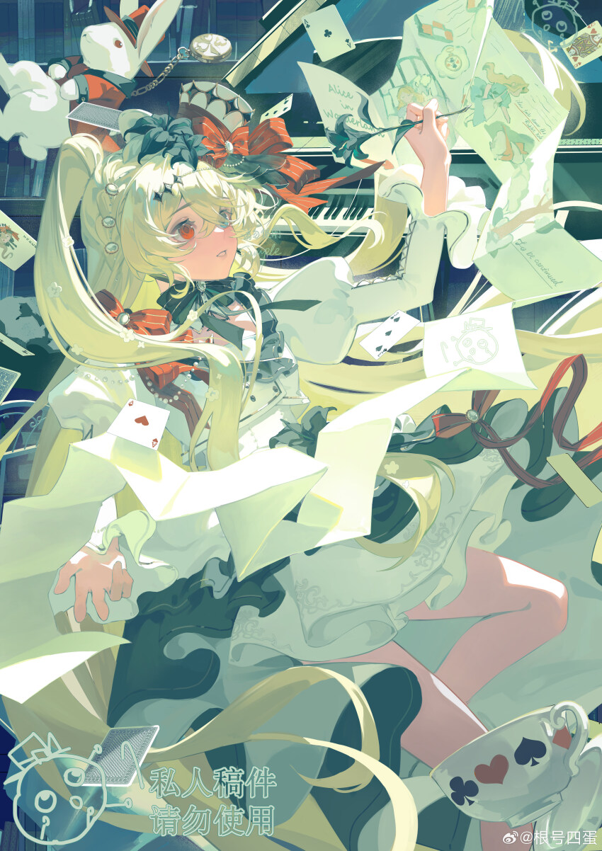 1girl absurdres alice_in_wonderland animal black_bow black_flower black_skirt blue_eyes bookshelf bow buttons card chin_strap clothed_animal cropped_jacket cross-laced_clothes cross-laced_sleeves crossed_bangs cup double-breasted double-parted_bangs dress erdan_oo falling feet_out_of_frame floating_card flower frilled_jacket frilled_sleeves frills grand_piano hair_between_eyes hand_up hat hat_bow hat_flower heterochromia high-low_skirt highres holding holding_flower holding_pen instrument jacket juliet_sleeves lily_(flower) long_hair long_sleeves looking_at_object nib_pen_(object) original overskirt paper parted_lips pearl_hair_ornament pen piano playing_card pocket_watch puffy_sleeves rabbit red_bow red_eyes red_ribbon ribbon scroll sidelocks skirt solo teacup themed_object tilted_headwear top_hat two_side_up watch watermark weibo_watermark white_dress white_hair white_hat white_jacket white_rabbit_(alice_in_wonderland) writing