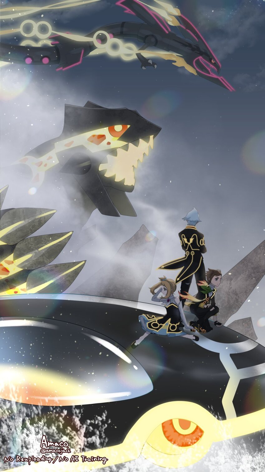 1girl 2boys alternate_color amaco_(amacoworklove) artist_name black_dress black_jacket black_pants blue_hair brendan_(champion)_(pokemon) brendan_(pokemon) brown_hair dress elbow_gloves gen_3_pokemon gloves groudon highres jacket kyogre legendary_pokemon long_sleeves may_(champion)_(pokemon) may_(pokemon) mega_pokemon mega_rayquaza multiple_boys nintendo official_alternate_costume pants pokemon pokemon_(creature) pokemon_masters_ex primal_groudon primal_kyogre rayquaza shiny_pokemon short_hair sleeveless sleeveless_dress steven_stone steven_stone_(anniversary_2021) twitter_username white_gloves
