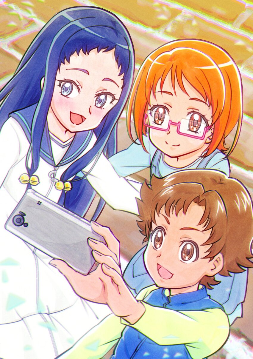 1boy 2girls :d bell blue_dress blue_eyes blue_hair blush brick_floor brown_eyes brown_hair cellphone dress glasses hair_bell hair_ornament highres itaoka1 long_sleeves minamino_souta multiple_girls open_mouth orange_eyes orange_hair phone pink-framed_eyewear precure shirabe_ako smile suite_precure suzu_(suite_precure) white_dress