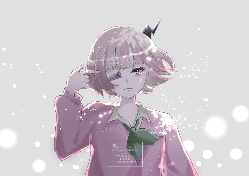 1girl absurdres awanagiee bandaged_head bandages black_horns blonde_hair blunt_bangs cellphone collared_shirt crying crying_with_eyes_open eyepatch finger_gun finger_gun_to_head green_eyes green_neckerchief highres horns long_sleeves neckerchief phone phone_eyepatch pink_sweater puffy_sleeves ruru_(shinsei_kamattechan) sad shinsei_kamattechan shirt short_hair single_horn streaming_tears sweater tears white_shirt