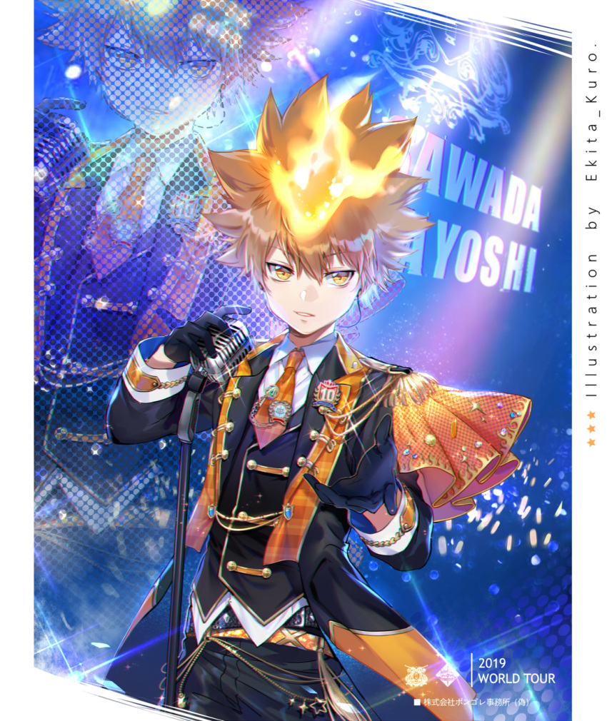 black_gloves brown_hair commentary_request concert ekita_kuro fire formal_clothes gloves glowstick highres holding holding_microphone idol idol_clothes katekyo_hitman_reborn! male_focus microphone music necktie orange_necktie orange_trim sawada_tsunayoshi singing smile spiked_hair stage stage_lights suit yellow_eyes