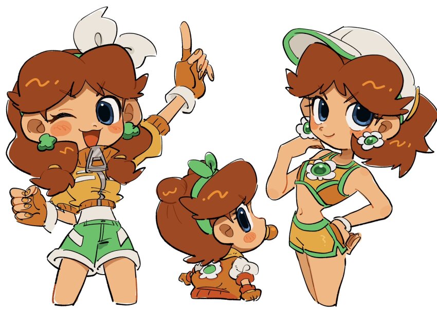 3girls baby_daisy baby_daisy_(touring) blue_eyes blush_stickers brown_hair dolphin_shorts earrings fingerless_gloves flower_earrings gloves green_shorts hat highres jacket jewelry looking_at_viewer mario_(series) mario_kart mario_kart_world mimimi_(mimimim9999) multiple_girls multiple_views navel nintendo official_alternate_costume one_eye_closed open_mouth orange_gloves orange_jacket orange_shorts orange_sports_bra princess_daisy princess_daisy_(swimwear)_(mario_kart_world) princess_daisy_(touring) short_shorts shorts simple_background sports_bra white_background white_hat