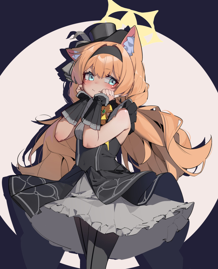 1girl absurdres animal_ear_fluff animal_ears bare_arms black_dress black_hairband black_hat black_pantyhose blue_archive blue_eyes cat_ears cat_girl closed_mouth dress grey_ribbon hair_between_eyes hairband hands_on_own_face hat hat_feather hat_ribbon highres long_hair looking_at_viewer low_twintails mari_(blue_archive) mari_(idol)_(blue_archive) official_alternate_costume official_alternate_hairstyle orange_hair painterliuhao pantyhose ribbon sidelocks smile solo top_hat twintails wrist_cuffs yellow_ribbon