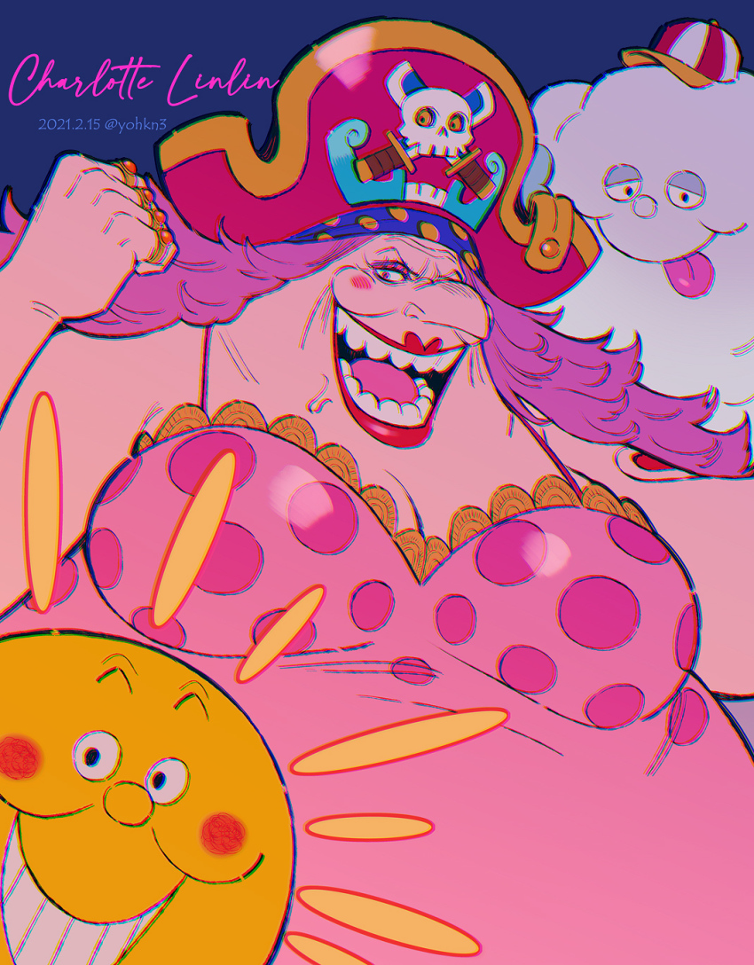 1girl 2021 big_mom blush_stickers breasts charlotte_linlin cleavage clenched_hand dated devil_fruit dress fat fiery_hair grin hat highres holding jewelry large_breasts looking_at_viewer napoleon_(one_piece) old old_woman one_piece pirate_hat prometheus_(one_piece) ring saliva shiny_clothes simple_background smile twitter_username youkan_(tako) zeus_(one_piece)