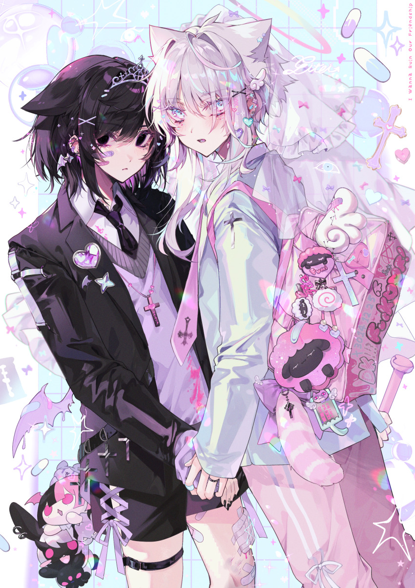 2boys absurdres aegyo_sal ahoge androgynous animal_charm animal_ears aqua_background aqua_bow aqua_eyes bag bandaid bandaid_on_cheek bandaid_on_ear bandaid_on_face bandaid_on_hand bandaid_on_knee bandaid_on_leg bandaid_on_wing belt_buckle black_coat black_eyes black_hair black_nails black_necktie black_shorts blood blood_on_clothes border bow brooch buckle cat_boy cat_ears charm_(object) closed_mouth coat collared_shirt colored_inner_hair commentary_request cowboy_shot cross cross-laced_clothes cross-laced_shorts cross_necklace dutch_angle ear_piercing earrings eita_789 english_text eyes_visible_through_hair frilled_veil grey_hair grid_background hair_between_eyes hair_intakes hair_ornament heart heart_brooch heart_hair_ornament highres holding holding_hands holographic_clothing jewelry long_sleeves looking_at_viewer looking_back male_focus medium_hair multicolored_hair multiple_boys nail_polish necklace necktie no_pupils open_clothes open_coat open_mouth original pants piercing pink_bag pink_blood pink_bow pink_necktie pink_pants purple_bow purple_hair purple_sweater ribbon-trimmed_pants ribbon-trimmed_shorts ribbon_trim ring shirt short_hair_with_long_locks shorts shoulder_bag sidelocks simple_background sleeves_past_wrists sparkle sparkle_hair_ornament spiked_ear_piercing standing star_brooch sweater sweatpants teeth thigh_strap tongue too_many_bows two-tone_hair v-neck veil white_border white_shirt white_tiara white_veil x_hair_ornament yaoi