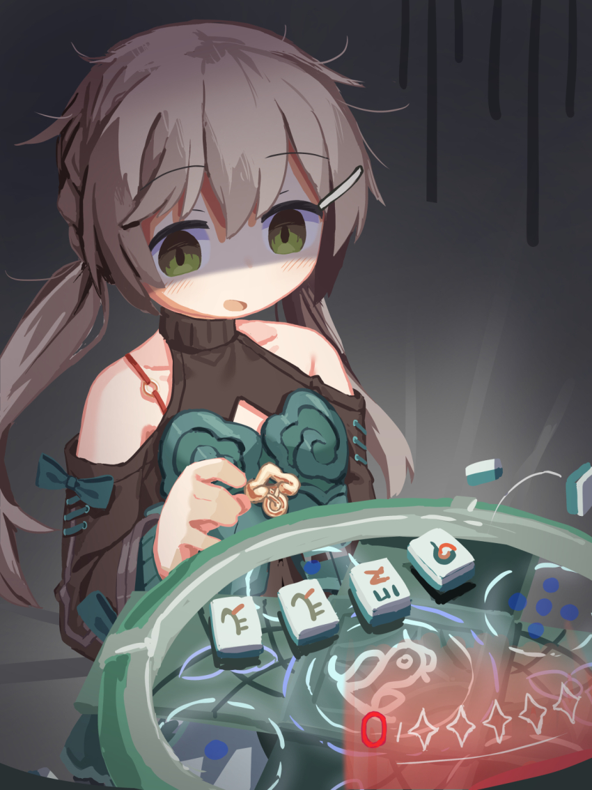 1girl bad_id bad_twitter_id bare_shoulders black_shirt black_sleeves blush brown_hair clothing_cutout collarbone dress gameplay_mechanics gloom_(expression) green_dress green_eyes hair_between_eyes hair_ornament hairclip hand_up hassai highres honkai:_star_rail honkai_(series) layered_clothes looking_at_object low_twintails mahjong mahjong_table mahjong_tile qingque_(honkai:_star_rail) shaded_face shirt shoulder_cutout sidelocks solo table turtleneck twintails unkempt upper_body