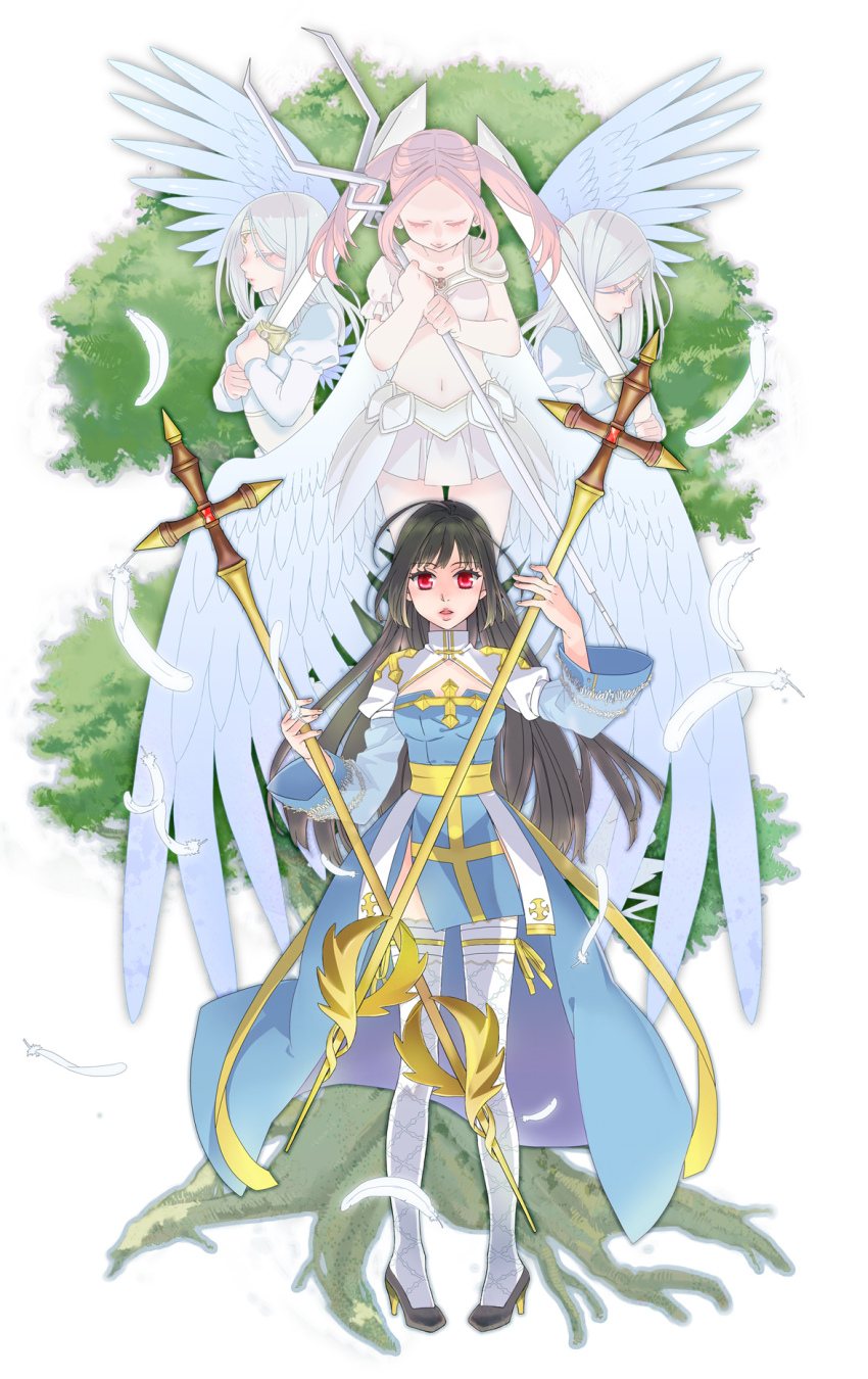 4girls ahoge angel arch_bishop_(ragnarok_online) black_hair black_shoes blue_dress blue_wings breasts cleavage_cutout clothing_cutout commentary_request crosier cross dress dual_wielding falling_feathers feathered_wings feathers fishnet_thighhighs fishnets frilled_thighhighs frills full_body grey_hair high_heels highres holding holding_staff holding_sword holding_weapon juliet_sleeves long_hair long_sleeves looking_at_viewer medium_breasts moni multiple_girls navel open_mouth pink_hair puffy_sleeves ragnarok_online red_eyes sash shoes staff sword thighhighs tree twintails two-tone_dress weapon white_background white_dress white_thighhighs wings yellow_sash