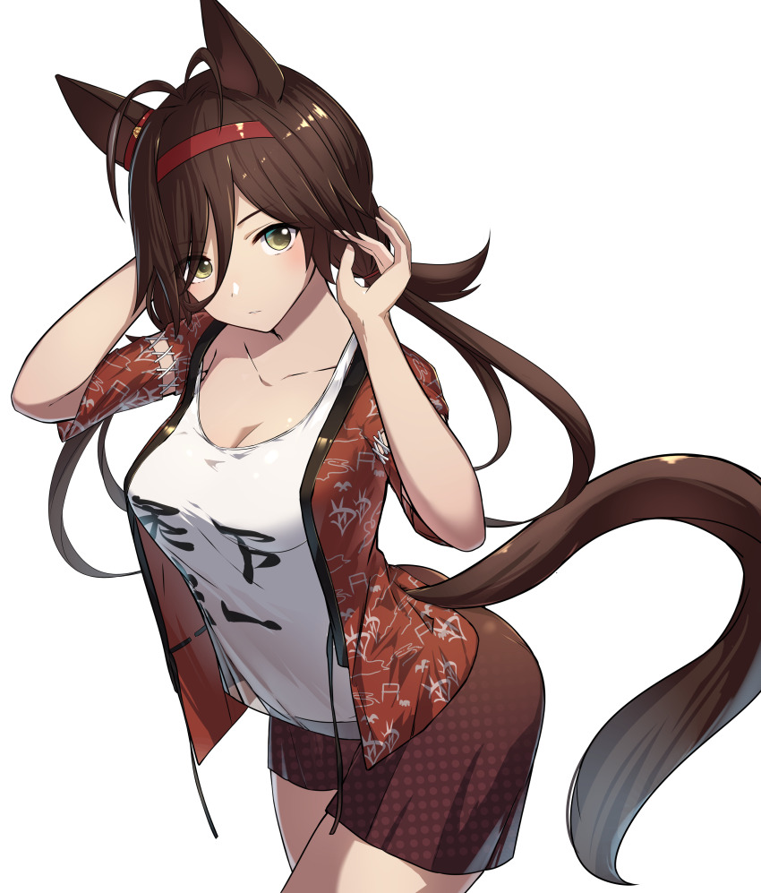 1girl absurdres alternate_costume animal_ears antenna_hair breasts brown_eyes casual cleavage collarbone commentary_request hair_between_eyes hair_ornament hairband highres horse_ears horse_tail jacket long_hair looking_at_viewer low_twintails medium_breasts no_reason_(umamusume) saikuu shirt shorts solo tail twintails umamusume white_background