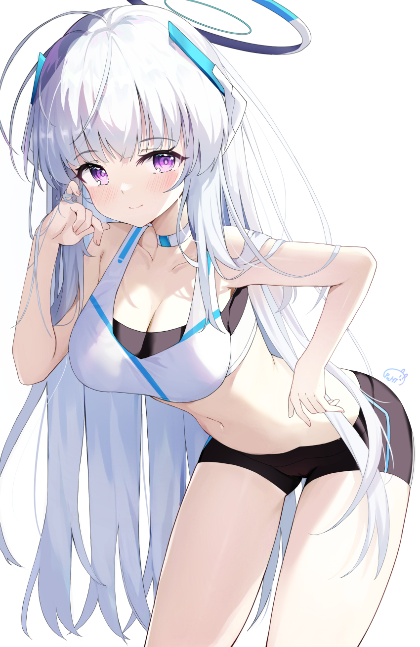 1girl absurdres black_shorts blue_archive blush breasts cameltoe choker cleavage closed_mouth collarbone cowboy_shot grey_hair halo highres large_breasts long_hair mechanical_halo navel noa_(blue_archive) pu_ht purple_eyes shorts simple_background smile solo sports_bra white_background white_choker white_sports_bra