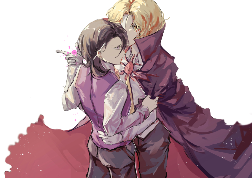 2boys absurdres black_hair black_pants blonde_hair blood blood_splatter bloody_tears cape_hold chinese_commentary cloak collared_cloak collared_shirt commentary_request covered_mouth cowboy_shot danganronpa_(series) danganronpa_another expressionless eyelashes from_behind grey_eyes half_mask hand_on_another&#039;s_waist high_collar highres holding_another&#039;s_wrist light_particles male_focus mask medium_hair multiple_boys necktie pants pen pen_behind_ear pink_blood pocket purple_cloak purple_vest red_cloak sannoji_mikado setsuna_reed shirt short_hair simple_background standing sun_symbol super_danganronpa_another_2 two-sided_cloak two-sided_fabric vest white_background white_mask white_shirt yaoi yellow_eyes yellow_necktie yomiuri_nikei