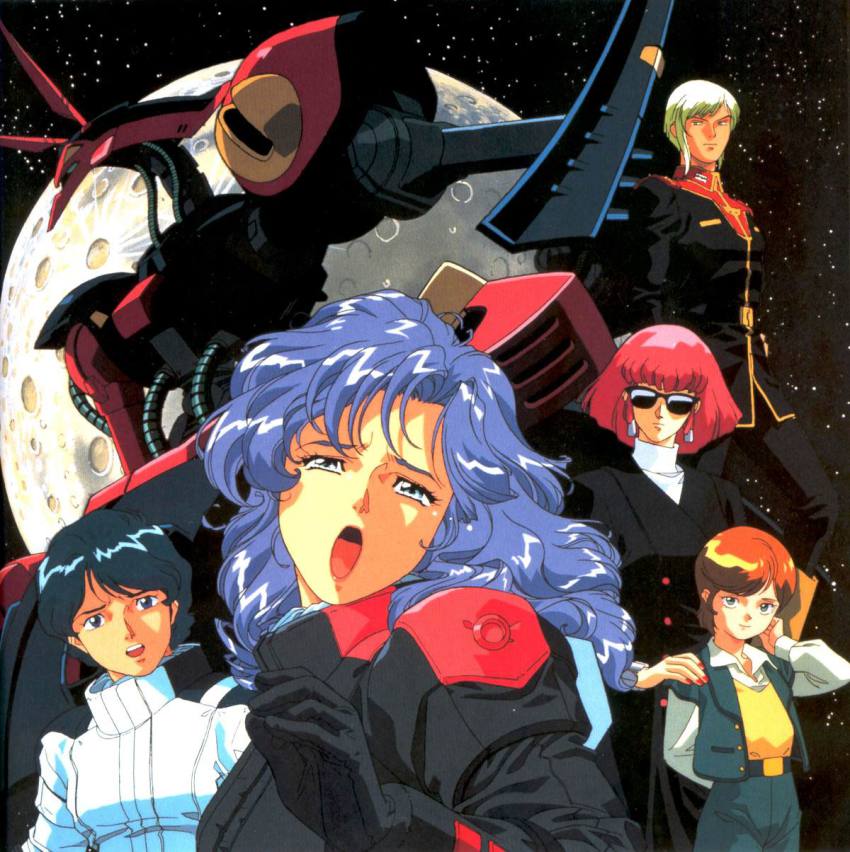 1980s_(style) 2boys 3girls baund_doc blue_eyes gates_capa green_eyes gundam haman_karn highres kamille_bidan kitazume_hiroyuki mecha mineva_lao_zabi multiple_boys multiple_girls oldschool open_mouth orange_hair pilot_suit pink_hair purple_hair retro_artstyle robot rosamia_badam space sunglasses tears zeta_gundam