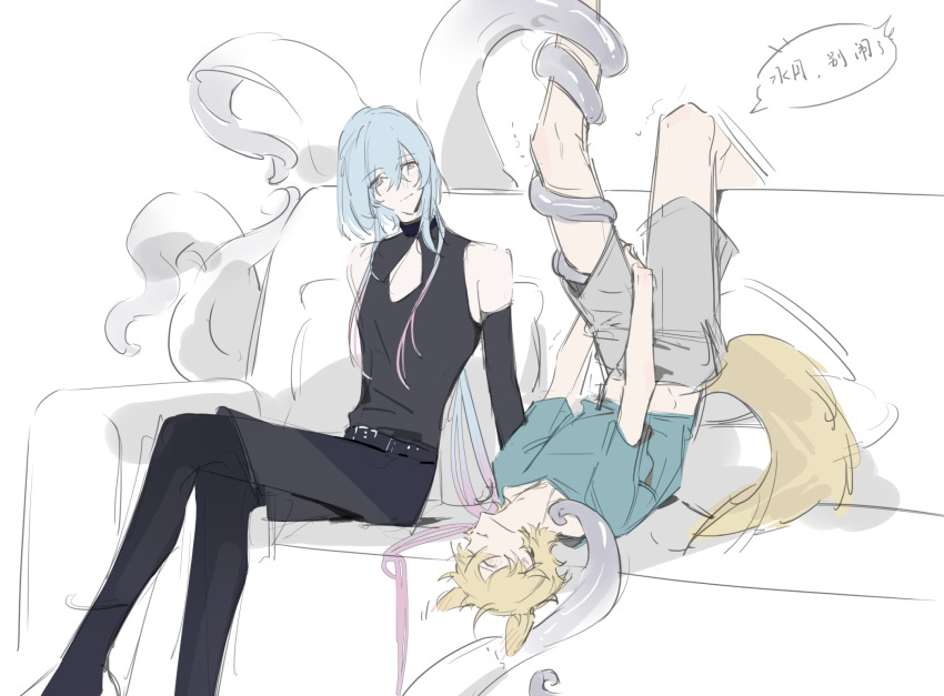 2boys ahoge animal_ears arknights bare_shoulders belt black_belt black_gloves black_shirt black_shorts black_thighhighs blonde_hair blue_hair blue_shirt blush chinese_commentary cleavage_cutout closed_eyes closed_mouth clothing_cutout commentary_request couch crossed_legs dog_boy dog_ears dog_tail ear_blush fandangyu gloves gradient_hair grey_shorts hair_between_eyes highres holding_own_leg implied_yaoi leg_up looking_at_another male_focus messy_hair midriff_peek mizuki_(arknights) multicolored_hair multiple_boys on_couch pink_eyes pink_hair shirt short_hair_with_long_locks shorts sleeveless smile stomach tail tail_wagging tentacles tentacles_on_male tentacles_under_clothes tequila_(arknights) thighhighs translation_request turtleneck upside-down