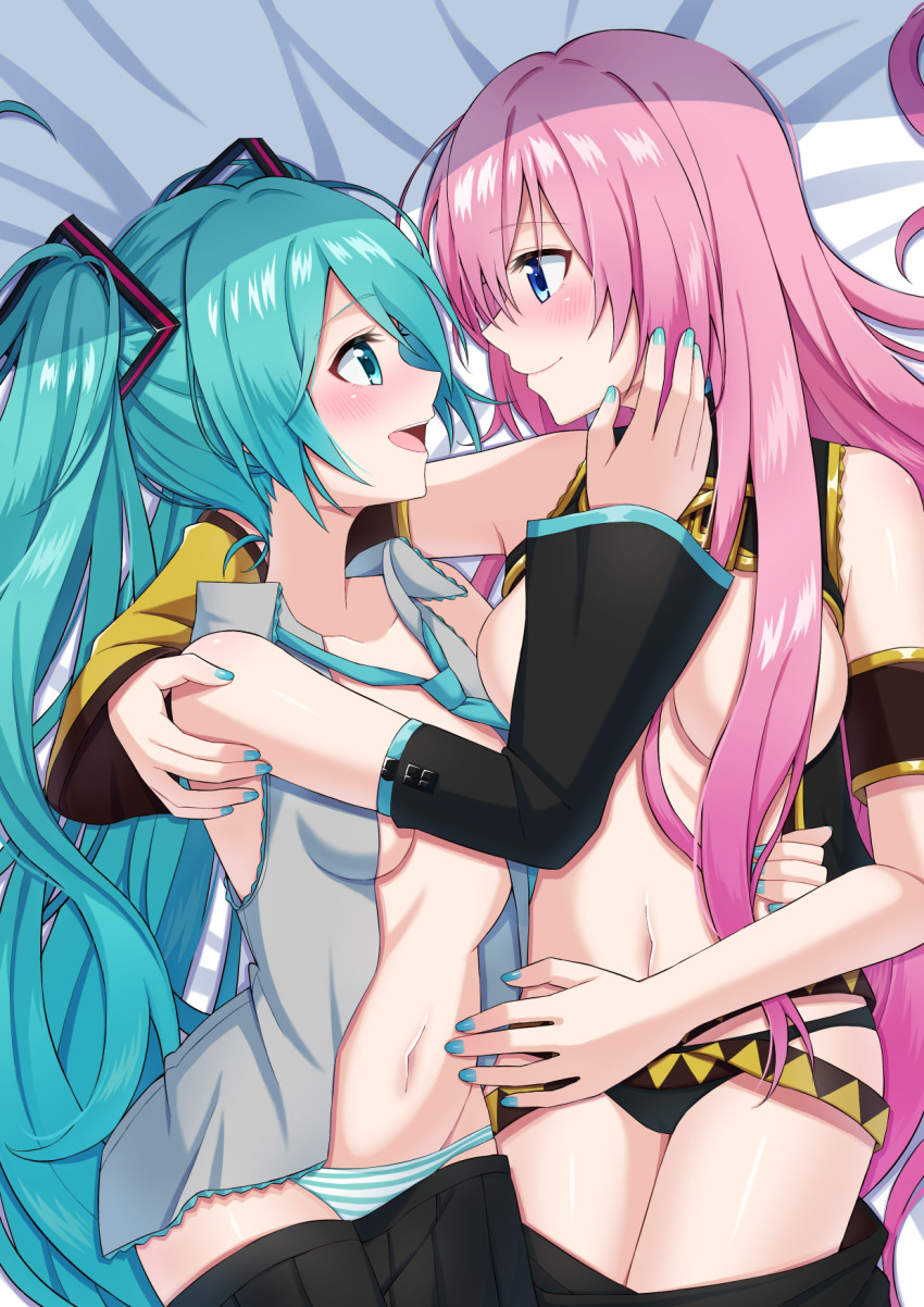 2girls aqua_eyes aqua_hair aqua_nails aqua_necktie arm_warmers bed_sheet belt black_panties blue_nails blush breasts convenient_censoring couple female_focus hair_censor hatsune_miku highres long_hair looking_at_another megurine_luka multiple_girls navel necktie panties pink_hair shirt sleeveless sleeveless_shirt striped_clothes striped_panties supo_mk39 twintails underwear vocaloid yuri
