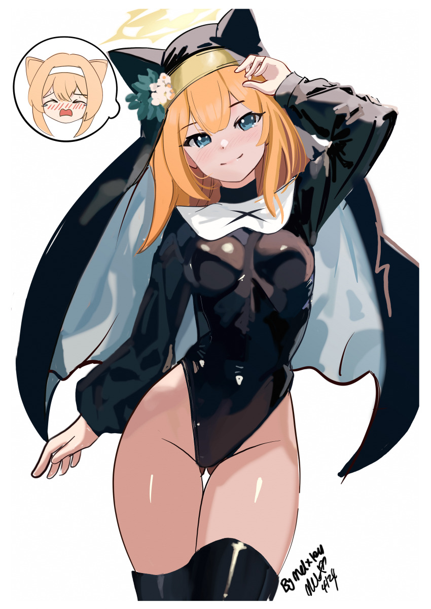 1girl absurdres animal_ear_headwear arm_at_side arm_up black_leotard blue_archive blue_eyes blush breasts cat_girl coif cosplay double-parted_bangs embarrassed fake_animal_ears flower flower_hat gluteal_fold habit hairband halo hat hat_flower highleg highleg_leotard highres justina_follower_(blue_archive) latex latex_legwear latex_thighhighs leotard long_hair long_sleeves mari_(blue_archive) medium_breasts melissa_v2 nun open_mouth orange_hair sakurako_(blue_archive) sakurako_(blue_archive)_(cosplay) simple_background smile solo speech_bubble spoken_character tears thighhighs thought_bubble white_background white_flower white_hairband yellow_halo