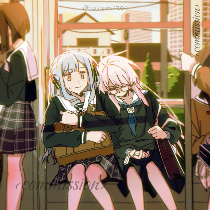5girls bag bang_dream! bang_dream!_it&#039;s_mygo!!!!! blue_bag blue_hair blue_neckerchief blue_serafuku blue_shirt blue_skirt blush braid brown_bag brown_hair brown_shirt chihaya_anon closed_mouth commentary commission english_commentary glasses green_ribbon hair_ribbon hanasakigawa_school_uniform hanemi highres hugging_object long_hair long_sleeves multiple_girls neckerchief pink_hair plaid_clothes plaid_skirt ribbon school_bag school_uniform serafuku shirt short_hair sidelocks skirt sleeping sleeping_on_person streetcar streetcar_interior sweatdrop togawa_sakiko tsukinomori_school_uniform yellow_eyes