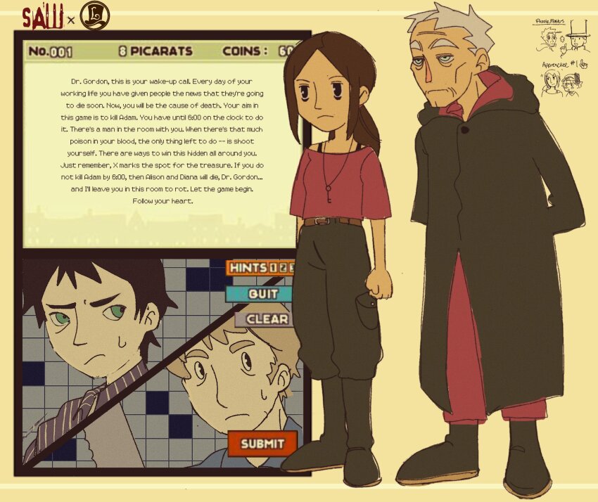 1girl 3boys belt black_hair boots brown_hair closed_mouth crossover english_text facial_hair green_eyes grey_hair highres jewelry jigsaw_(character) john_kramer long_hair multiple_boys necklace old old_man pants ponytail professor_layton puzzle saw_(movie) shirt short_hair sweatdrop white_hair