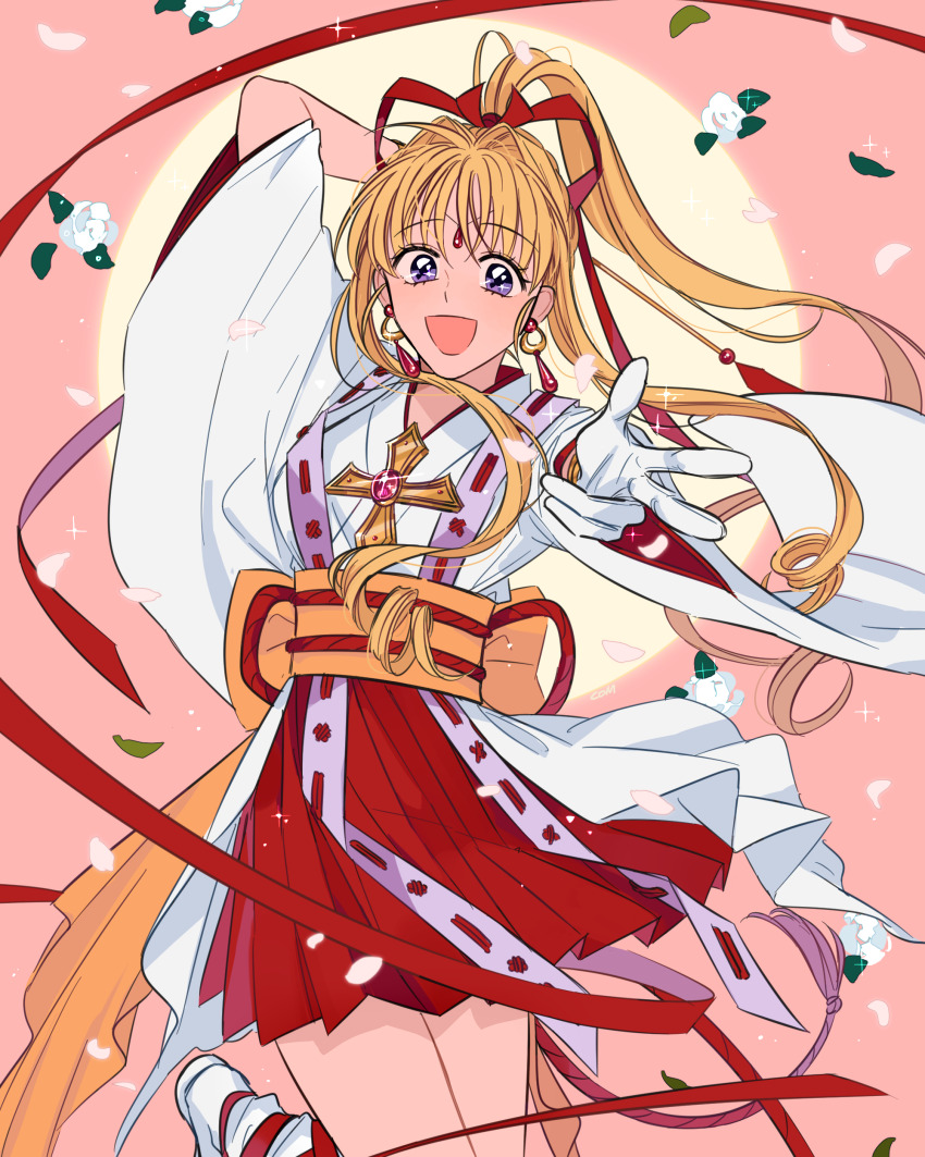 1girl :d absurdres arm_behind_back blonde_hair com_(com0107) cross earrings floating_hair flower forehead_jewel gloves hair_ribbon hakama hakama_short_skirt hakama_skirt high_ponytail highres japanese_clothes jewelry kaitou_jeanne kamikaze_kaitou_jeanne kusakabe_maron leaf leg_up long_hair open_mouth outstretched_arm petals ponytail purple_eyes ribbon ringlets rope shimenawa skirt smile solo w wind