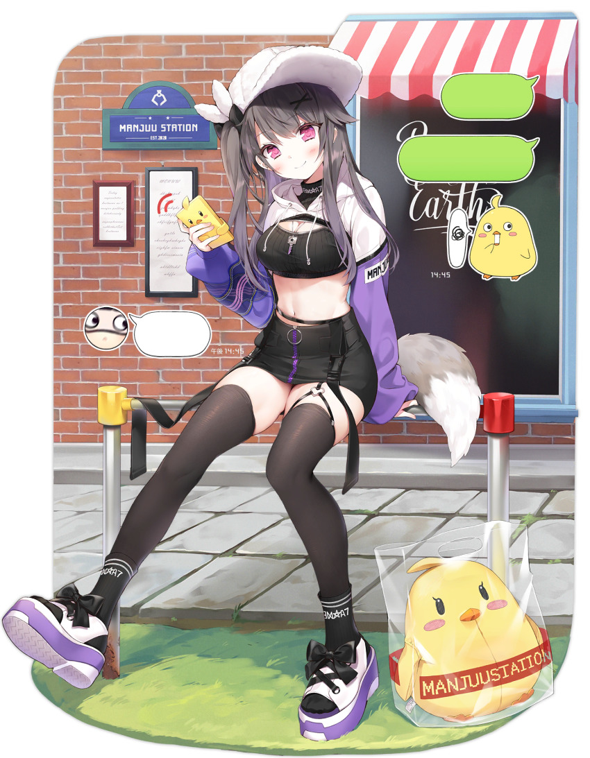 1girl :3 :d azur_lane black_hair black_skirt black_thighhighs byulzzi clothing_cutout multiple_expressions fake_tail garter_straps gradient_eyes hat highres jewelry key key_necklace long_sleeves looking_at_viewer manjuu_(azur_lane) midriff multicolored_eyes navel_cutout necklace official_alternate_costume official_art open_mouth pamiat_merkuria_(azur_lane) pamiat_merkuria_(chic_and_cheeky)_(azur_lane) plastic_wrap red_eyes side_ponytail single_garter_strap sitting skirt sleeves_past_wrists smile tail thighhighs thighs transparent_background