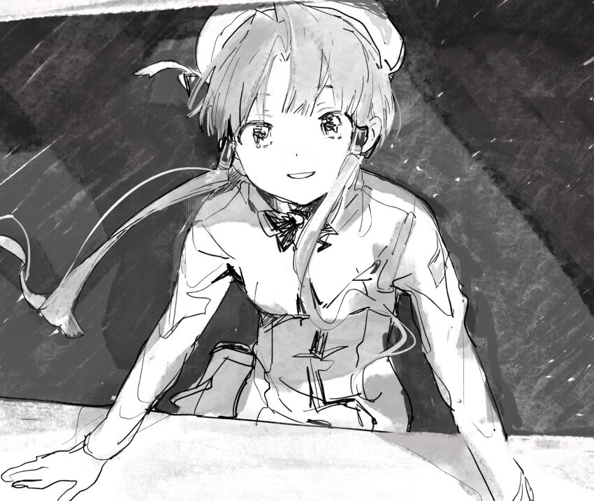 1girl aria_(manga) aria_company_uniform bad_id bad_twitter_id beret dress greyscale hair_tubes hat highres inactive_account long_hair long_sleeves looking_at_viewer mizunashi_akari monochrome open_mouth sidelocks smile solo suiso_(owp)