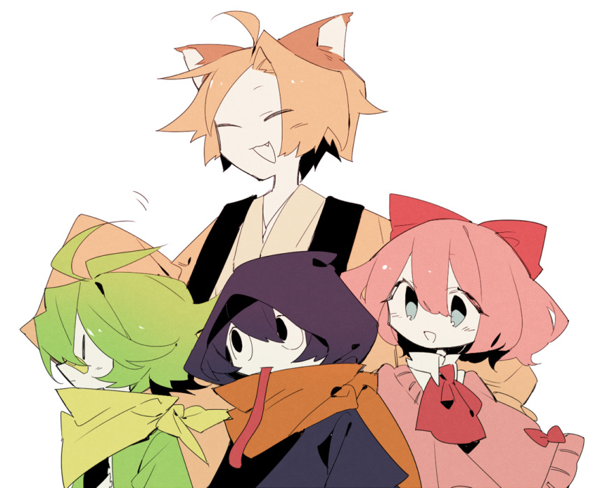 1girl 3boys ^_^ ahoge animal_ears antenna_hair ascot black_eyes blue_eyes blue_hair blue_jacket bow cat_ears chuchu_(kirby) closed_eyes collared_shirt commentary_request cowboy_shot fang forehead from_side gooey_(kirby) green_hair green_jacket green_scarf hair_between_eyes hair_bow haori height_difference higa423 hood hood_up hooded_jacket jacket japanese_clothes kirby&#039;s_dream_land_3 kirby_(series) light_blush long_sleeves long_tongue looking_ahead motion_lines multiple_boys nago_(kirby) nintendo open_mouth orange_hair orange_jacket orange_scarf outstretched_hand personification pink_hair pink_poncho pitch_(kirby) red_ascot red_bow scarf shirt short_hair simple_background sleeves_past_fingers sleeves_past_wrists smile solid_oval_eyes tongue upper_body white_background white_shirt
