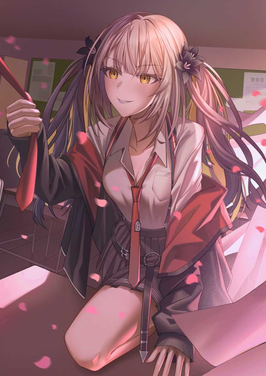 1girl absurdres black_jacket blush breasts cleavage collared_shirt fate/grand_order fate_(series) flower gradient_hair grey_hair grey_skirt grin hair_flower hair_ornament highres jacket long_hair long_sleeves marie_antoinette_(fate) marie_antoinette_alter_(fate) medium_breasts multicolored_hair multicolored_jacket necktie off_shoulder petals red_jacket school_uniform shirt sidelocks skirt smile solo suspender_skirt suspenders thighs two-tone_jacket white_hair white_shirt yellow_eyes zero_yee