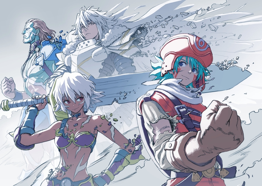 .hack// .hack//games 1girl 3boys aqua_hair armor balmung_(.hack//) barbarian bare_pectorals belt bikini black_belt black_choker black_gloves black_rose_(.hack//) blue_eyes bob_cut breaking breastplate breasts broken broken_armor broken_sword broken_weapon brown_gloves brown_hair cape carrying_over_shoulder choker clenched_hand closed_mouth colored_skin cover_image dark-skinned_female dark_skin facial_mark fingerless_gloves from_side fur_hat gauntlets gloves green_skin grey_eyes grey_headband hair_between_eyes hair_slicked_back hand_on_own_hip hand_up hat headband highres holding holding_sword holding_weapon hosokawa_seiichirou huge_weapon kite_(.hack//) knight light_smile looking_afar looking_at_another looking_at_viewer looking_to_the_side metal_bikini midriff multiple_boys muscular muscular_male non-web_source official_art orange_hat orange_pants orange_vest orca_(.hack//) over_shoulder pants pauldrons pectorals profile promotional_art purple_bikini red_eyes scarf shards shirt short_hair shoulder_armor single_pauldron single_strap small_breasts smile standing strap swimsuit sword sword_over_shoulder toned toned_female torn_choker torn_clothes torn_hat torn_scarf upper_body ushanka vest weapon weapon_over_shoulder white_armor white_background white_cape white_hair white_scarf white_shirt wind
