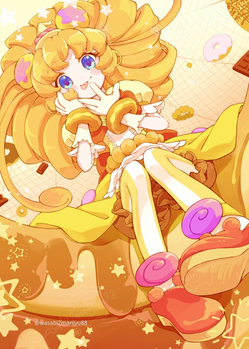 bear bloomers blue_eyes donut food gloves hands_on_own_face hat highres looking_at_viewer mahou_girls_precure! mini_hat mini_witch_hat mofurun_(mahou_girls_precure!) orange_hair precure puffy_short_sleeves puffy_sleeves short_sleeves sitting star_(symbol) star_in_eye sweets symbol_in_eye tongue tongue_out underwear wasabi_sankiro witch_hat yellow_arm_warmers yellow_bloomers