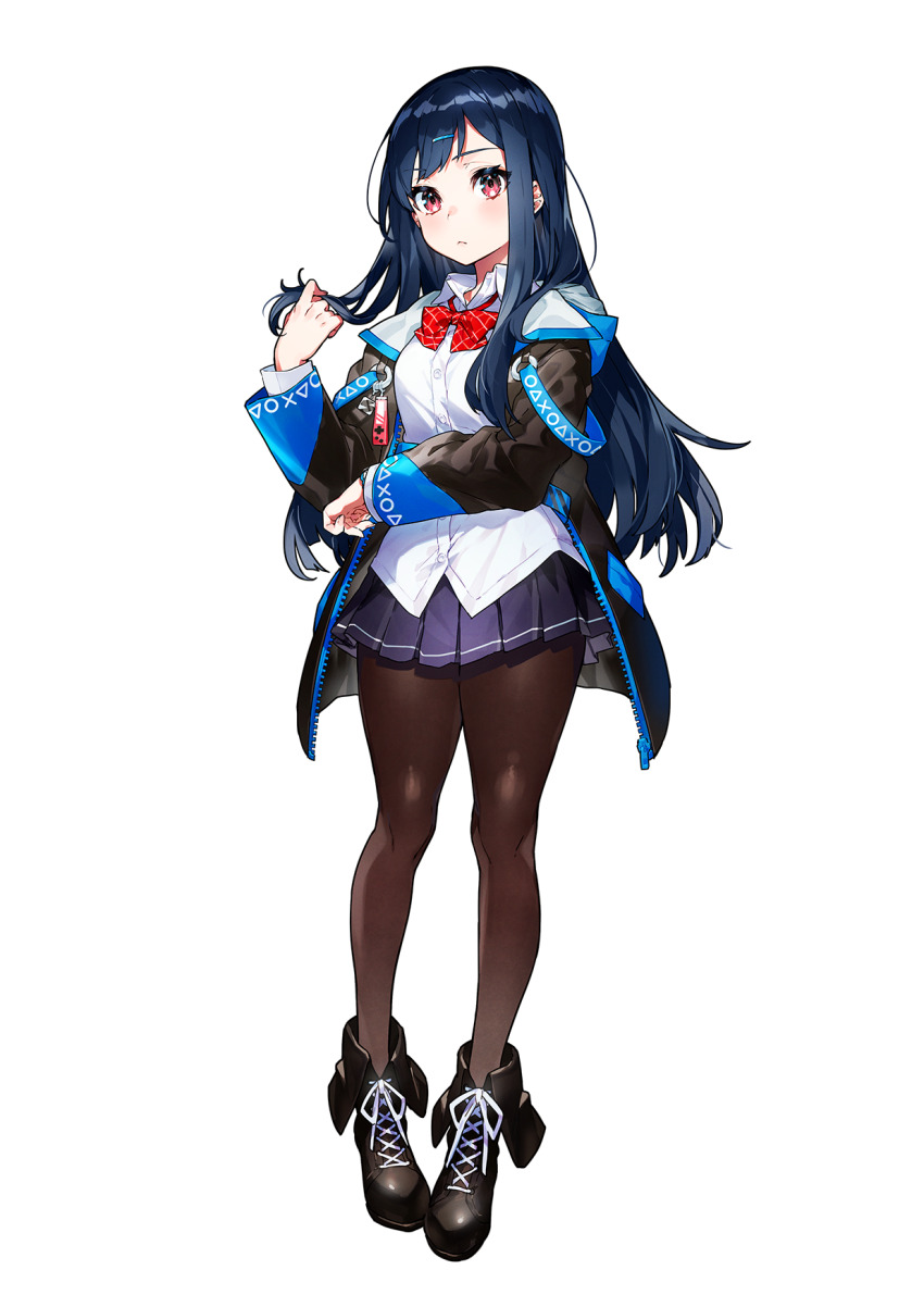 1girl ankle_boots black_boots black_jacket blue_hair blush boots bow bowtie brown_pantyhose closed_mouth denonbu full_body hand_up highres jacket lace-up_boots long_hair long_sleeves looking_at_viewer mika_pikazo miniskirt official_art open_clothes open_jacket pantyhose pigeon-toed pleated_skirt purple_skirt red_bow red_bowtie red_eyes shinonome_kazune shirt simple_background skirt solo tachi-e transparent_background twirling_hair untucked_shirt white_shirt