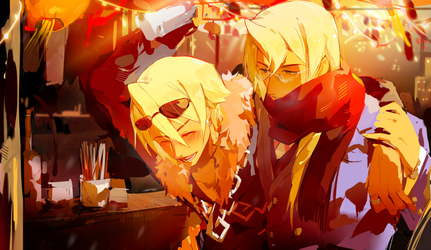 2boys absurdres ace_attorney apollo_justice:_ace_attorney arm_over_shoulder black_jacket blonde_hair blue_suit blurry brothers chain chain_necklace closed_eyes depth_of_field drill_hair eyewear_on_head fireworks formal_clothes fur-trimmed_jacket fur_trim hair_between_eyes hand_on_another&#039;s_wrist highres jacket jewelry klavier_gavin kristoph_gavin lanfengzheyu long_hair male_focus multiple_boys neck_ribbon necklace official_alternate_hair_length official_alternate_hairstyle pink_ribbon ribbon ring scarf semi-rimless_eyewear short_hair siblings side_drill suit sunglasses