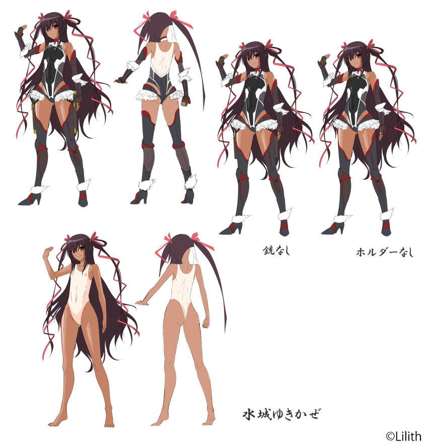 1girl aoi_nagisa_(metalder) ass backless_leotard boots brown_hair clothing_cutout commentary_request completely_nude curvy elbow_gloves fingerless_gloves flat_chest frills gloves hair_ribbon halterneck high_heel_boots high_heels highleg highleg_leotard highres huge_ass leotard long_hair mizuki_yukikaze multiple_views navel nipples no_pussy nude one-piece_tan pink_eyes pink_ribbon reference_sheet ribbon smile taimanin_(series) taimanin_suit taimanin_yukikaze tan tanline thigh_boots thong_leotard translation_request two_side_up very_long_hair wide_hips