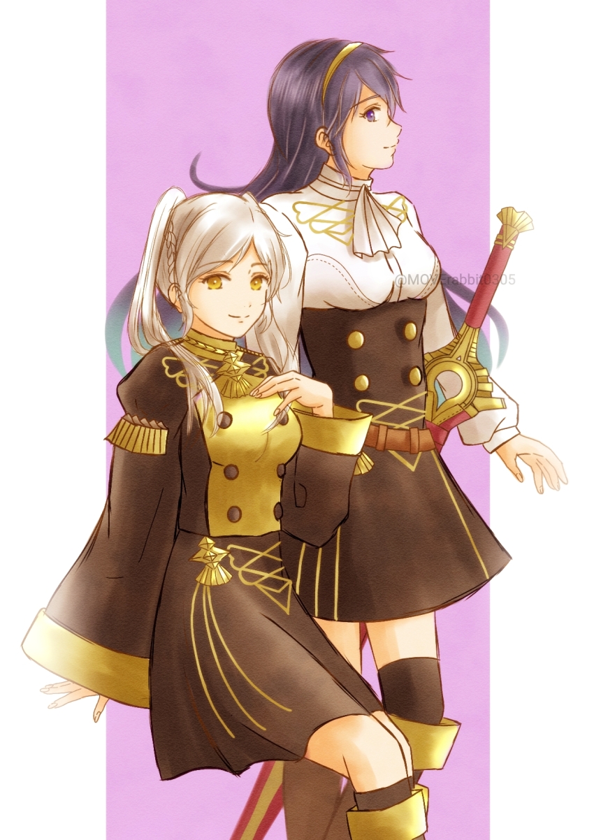 2girls alternate_breast_size_(larger) alternate_costume belt blue_eyes blue_hair boots border breasts buttons corset eyelashes falchion_(fire_emblem) female_focus female_robin_(fire_emblem) fingernails fire_emblem fire_emblem_awakening hand_on_own_chest highres intelligent_systems invisible_chair knee_boots kneehighs long_hair long_sleeves looking_at_viewer lucina_(fire_emblem) medium_breasts miniskirt moverabbit0305 multiple_girls neck nintendo pink_background profile sidelocks sitting skirt small_breasts smile socks standing swept_bangs sword thighhighs thighhighs_under_boots thighs tiara twintails weapon white_border white_hair wide_sleeves yellow_eyes
