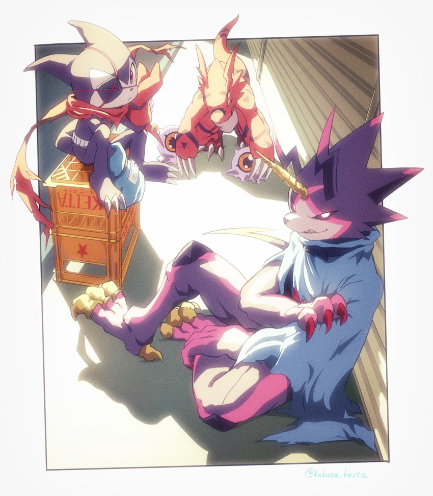black_scales black_sclera blue_cloak blue_gloves border cloak colored_sclera demon_boy digimon digimon_(creature) dinosaur dragon fewer_digits gloves group_picture guilmon guilmon_x-antibody gulusgammamon highres horns impmon impmon_x-antibody kubota_keita kuramon red_gloves red_scales single_horn sitting white_border