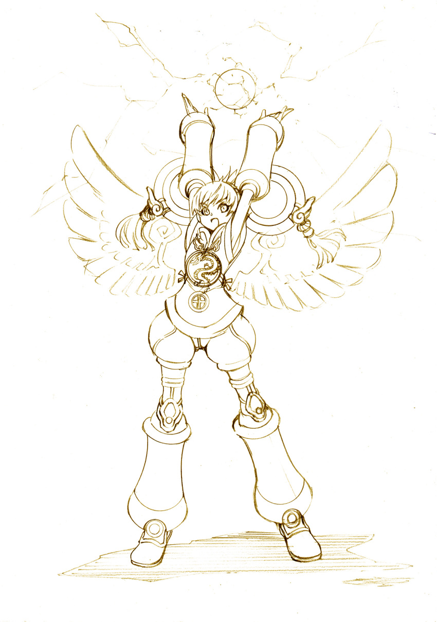 10s 1girl bad_id bad_pixiv_id chinese_clothes detached_sleeves dragon_kid electricity female_focus graphite_(medium) hat highres koyomiuta monochrome outline ponytail short_hair short_ponytail shorts solo superhero_costume thighhighs tiger_&amp;_bunny traditional_media wings