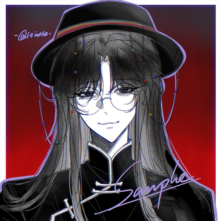 1boy :3 beads border chinese_clothes chinese_commentary closed_mouth commentary_request glasses glorybluerain greyscale_with_colored_background hat highres huai_yunqing long_hair male_focus mandarin_collar outline outside_border parted_bangs portrait purple_outline red_background round_eyewear sample_watermark smile solo spot_color touqi_guaitan watermark white_border