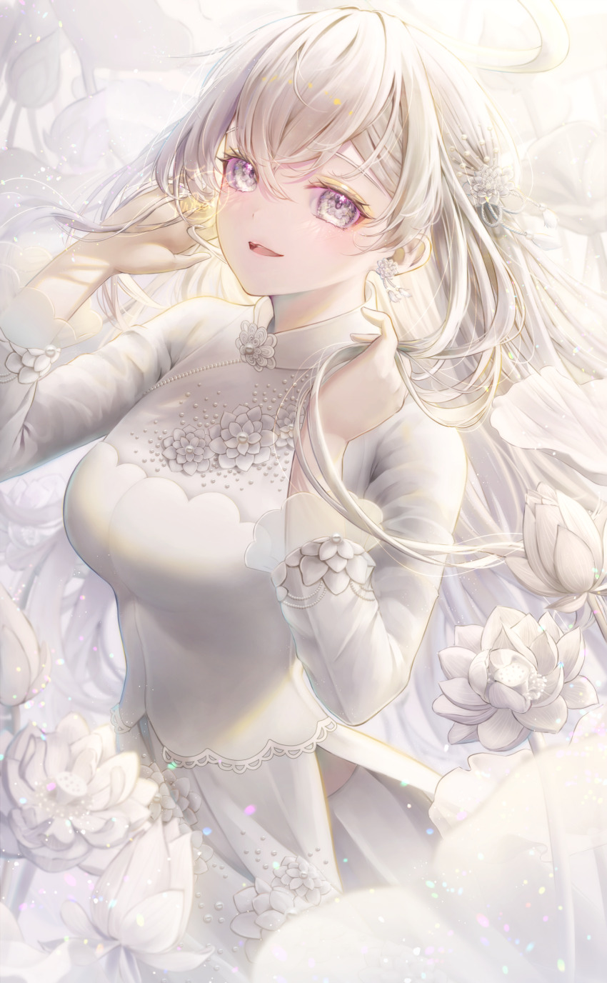 1girl absurdres ahoge bud cowboy_shot dress_flower earrings floral_print flower frilled_sleeves frills grey_eyes hair_between_eyes highres jewelry light_blush long_hair lotus lotus_leaf open_mouth original playing_with_own_hair smile solo ao_dai white_flower white_hair white_leaves white_lotus white_theme yuubarish