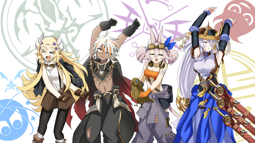 &gt;_&lt; 1boy 3girls :3 :d =_= absurdres albaz_(yu-gi-oh!) animal_ear_fluff animal_ears arms_up bandaged_leg bandages bare_shoulders belt_pouch black_cape black_gloves black_jacket black_panties black_pantyhose black_sleeves blonde_hair blue_skirt boots breasts brown_footwear brown_gloves brown_shorts cape cat_ears cleavage closed_mouth clothes_around_waist collarbone commentary_request cowboy_shot dancing dark_skin detached_sleeves duel_monster ecclesia_(yu-gi-oh!) facial_mark fake_horns fallen_of_albaz fleurdelis_(yu-gi-oh!) forehead_mark gloves goggles goggles_around_neck goggles_on_head grey_hair grey_jumpsuit groin hair_between_eyes hair_ornament hair_over_one_eye hat highres holding horned_headwear horns incredible_ecclesia_the_virtuous jacket jacket_on_shoulders jingasa jumpsuit jumpsuit_around_waist kitt_(yu-gi-oh!) knee_boots kono_subarashii_sekai_ni_shukufuku_wo! large_breasts long_hair long_skirt looking_away looking_up medium_breasts midriff multicolored_hair multiple_girls navel one_eye_closed one_eye_covered open_mouth orange_gloves panties pantyhose parody pink_hair pouch purple_eyes red_hair scar scar_across_eye scar_on_face sheath sheathed shirt short_hair shorts sidelocks skirt sleeveless sleeveless_shirt smile standing strapless streaked_hair suspender_shorts suspenders sword synchroman the_iris_swordsoul tomorrow_(konosuba) torn_cape torn_clothes tri-brigade_kitt tri-brigade_mercourier tube_top twintails underwear very_long_hair weapon white_hair white_shirt xd yu-gi-oh!