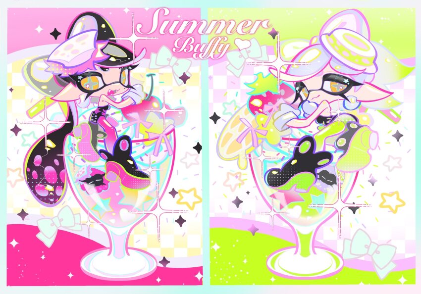 2girls :3 ankle_boots black_dress black_footwear black_hair black_jumpsuit boots bow-shaped_hair breasts callie_(splatoon) callie_(squid_sisters_outfit)_(splatoon) cherry closed_mouth commentary cross-shaped_pupils dress earrings food fruit full_body gloves green_hair green_pantyhose grey_hair grey_pupils highres hoop_earrings ice_cream in_container inkling jewelry jumpsuit long_hair long_pointy_ears looking_at_viewer marie_(splatoon) marie_(squid_sisters_outfit)_(splatoon) mini_person minigirl mole mole_under_eye multicolored_hair multiple_girls nintendo orange_eyes pantyhose pink_hair pink_pantyhose pointy_ears short_hair short_jumpsuit splatoon_(series) strapless strapless_dress sundae swept_bangs symbol-only_commentary symbol-shaped_pupils tentacle_hair twintails two-tone_hair white_gloves xiaoyunatie