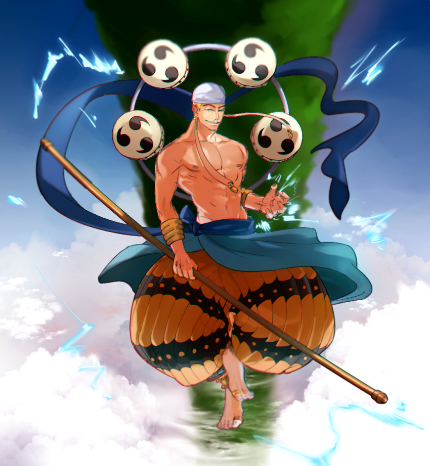 1boy anklet blonde_hair blue_sash blue_sky blurry bracelet depth_of_field drum earrings enel full_body gold_bracelet gold_earrings gold_ring grin holding holding_staff instrument jewelry long_earlobes male_focus mature_male mirin_(coene65) mitsudomoe_(shape) one_piece orange_pants pants pectorals puffy_pants sash short_hair skullcap sky smile solo staff toe_ring toenails tomoe_(symbol) topless_male white_headwear