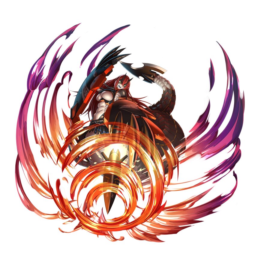 1girl abs absurdres cerastes chain clothing_cutout full_body highres lamia mikoyan monster_girl muscular muscular_female official_art rattlesnake red_hair second-party_source solo taimanin_(series) taimanin_rpgx underboob_cutout white_background