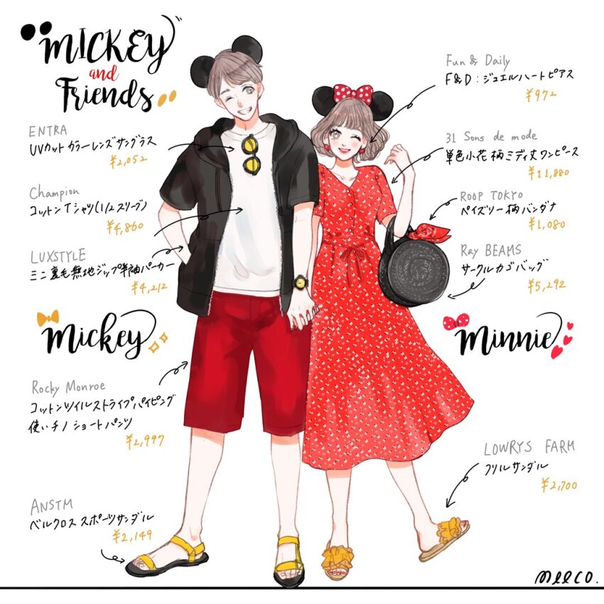 1boy 1girl bow brown_hair commentary_request couple dress fashion humanization long_hair looking_at_viewer meecosme mickey_mouse mickey_mouse_&amp;_friends minnie_mouse open_mouth pantyhose sandals short_hair skirt smile translation_request