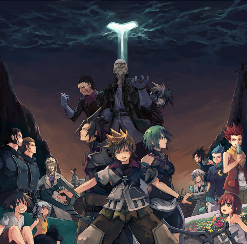 1990s_(style) 2girls 6+boys aeleus aqua_(kingdom_hearts) axel_(kingdom_hearts) bald beard black_hair blue_hair braig brown_eyes brown_hair coat crisis_core_final_fantasy_vii crossover dilan even_(kingdom_hearts) everyone evil_smile eyepatch facial_hair final_fantasy final_fantasy_vii green_eyes green_hair grey_hair grin ienzo isa_(kingdom_hearts) kairi_(kingdom_hearts) keyblade kingdom_hearts kingdom_hearts_birth_by_sleep lea_(kingdom_hearts) lexaeus master_eraqus master_xehanort milcoco multiple_boys multiple_girls red_hair retro_artstyle reverse_grip riku_(kingdom_hearts) saix short_hair smile sora_(kingdom_hearts) spiked_hair terra_(kingdom_hearts) vanitas_(kingdom_hearts) ventus_(kingdom_hearts) vexen weapon xaldin zack_fair zexion