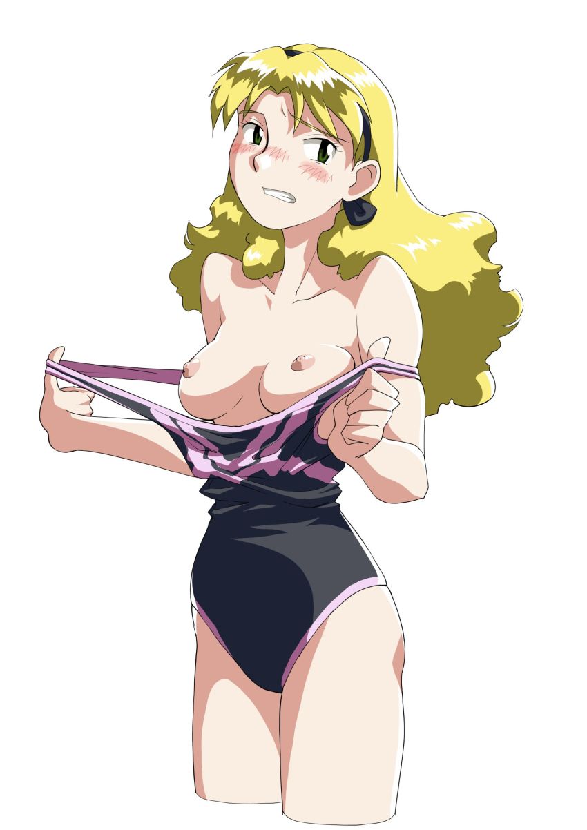 1girl absurdres blonde_hair blush breasts clenched_teeth green_eyes highres langerhans_2016 lemina_ausa long_hair looking_at_viewer lunar lunar_2:_eternal_blue medium_breasts nipples solo swimsuit_tug teeth topless_female